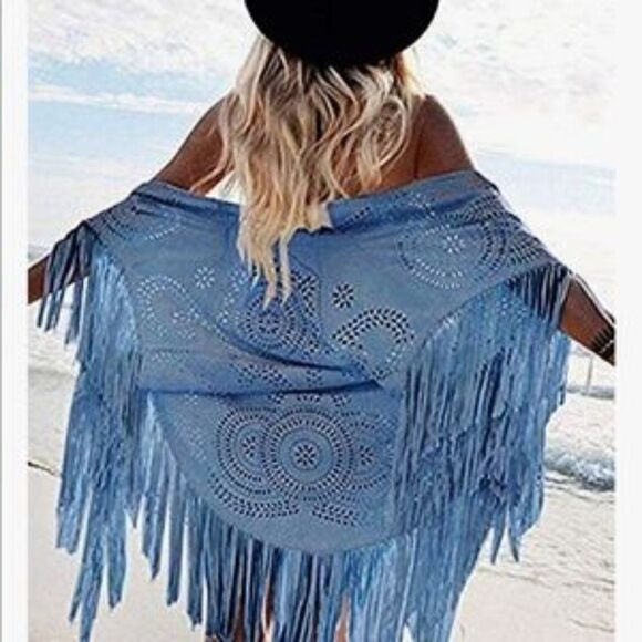 NEW Laser Cutout Fringed Suede Wrap - Picture 1 of 4